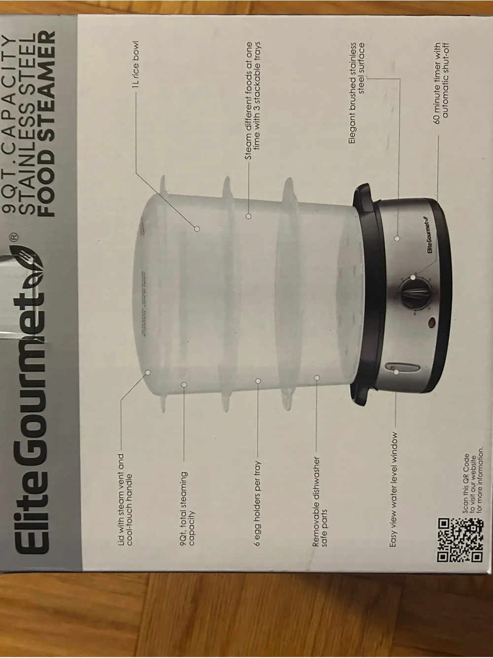 Elite Gourmet Electric Food Steamer, 3-Tier BPA-Free, 9 Qt, Stainless Steel